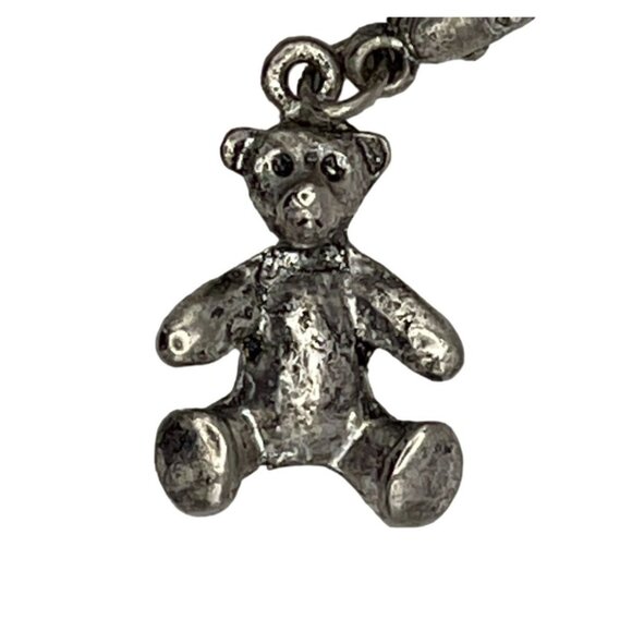Teddy Bears Brooch Textured Silver Tone Metal Red Bow Green Eyes - Picture 12 of 12